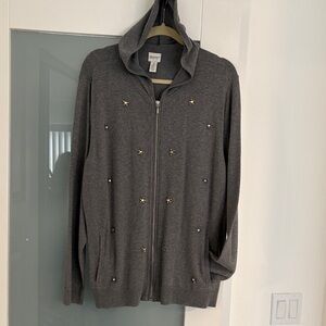 Chico's Gray Hooded Cardigan with Embellishments